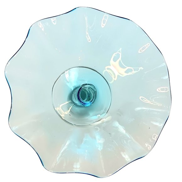 Blue Glass Hand Blown Ruffled Candy Compote Dish Clear Stem Mid-century Modern - Picture 3 of 12
